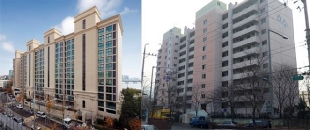 ▲ 옛 호수아파트(우)를 2개층 수직증축한 '밤섬 쌍용예가 클래식'. ⓒ쌍용건설