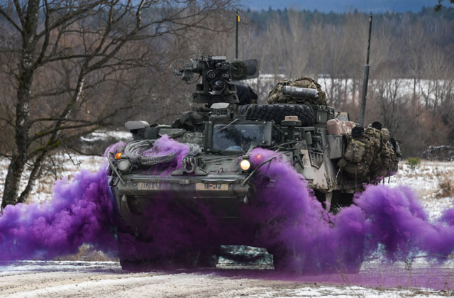 ▲ 독일서 훈련 중인 미육군 제2기병연대전투단 소속 스트라이커 보병전투차. ⓒ미국 국방부 제공.