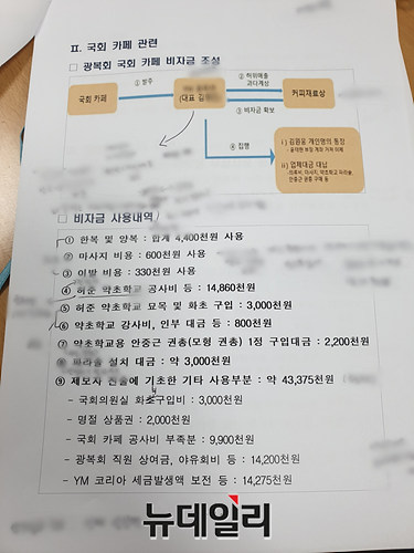 ▲ 김원웅 광복회장이 국회 내에 있는 카페를 이용해 조성한 비자금 사용내역이 담긴 보훈처 감사자료.