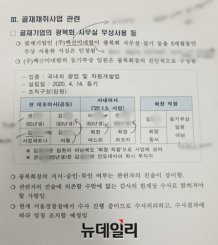 ▲ 김원웅 광복회장의 친인척으로 구성된 골재기업 (주)백산미네랄이 광복회 사무실을 무상사용했다고 조사된 보훈처 감사자료.