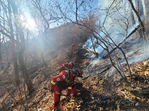 ▲ 24일 오후 3시 35분쯤 강원도 평창군 방림면 계촌리 일원에서 발생한 산불이 발생해 산림당국이 진화작업을 벌이고 있다.ⓒ산림청