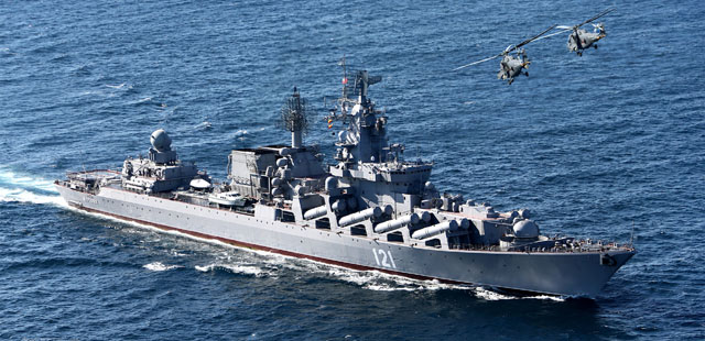 러시아 해군의 슬라바급 순양함 '모스크바'함. 현재 나토함대를 견제하고 있다. ⓒ러시아 국방부 공개사진.