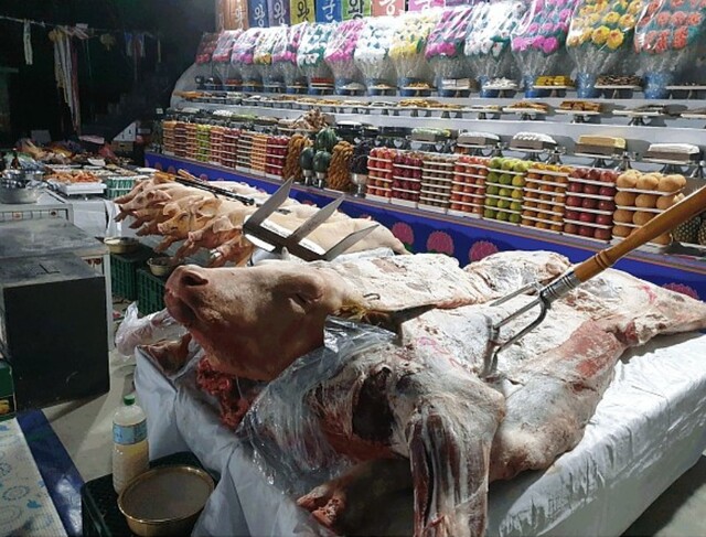 ▲ 무속행사에 쓰인 돼지와 소.가죽이 벗겨진 소의 등 부위에 삼지창이 꽂혀있다.