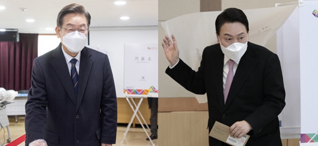 ▲ 이재명 더불어민주당 대통령후보(왼쪽)와 윤석열 국민의힘 대통령후보가 각각 4일 오전 서울·부산에서 사전투표를 하는 모습.ⓒ뉴데일리DB