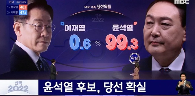 ▲ 지난 10일 MBC가 방송한 '선택 2022 대통령선거 개표방송' 화면 캡처.