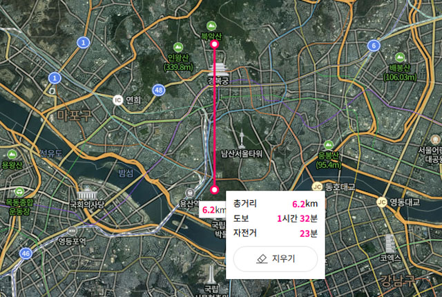 ▲ 청와대에서 용산 국방부 청사까지의 직선거리. 현재 청와대 일대에 배치한 요격체계로도 국방부 청사 방어가 가능하다. ⓒ네이버 지도 캡쳐.