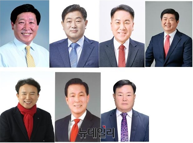 ▲ 사진 좌측부터 민주당 김진호(59)논산시의원, 신주현(62) 전 논산경찰서장, 국민의힘 장창우(61) 전 논산경찰서장, 송영철(62) 전 6·7대 충남도의원, 밑줄 좌측부터 전민호(61) 논산시 행복도시 동고동락 국장, 백성현(62) 전 주택관리공단 사장, 이정호(61) 논산시체육회장.ⓒ이길표 기자