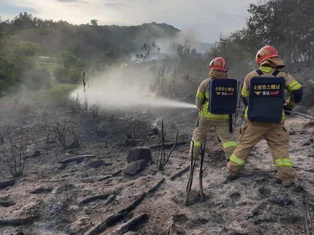 ▲ 소방본부 사진(소방호스배낭) : 지난해 8월 18일 부여군 성홍산에서 발생한 산불 현장에 출동한 소방공무원들이 소방호스배낭을 활용해 산불을 진압하는 장면.ⓒ충남도소방본부