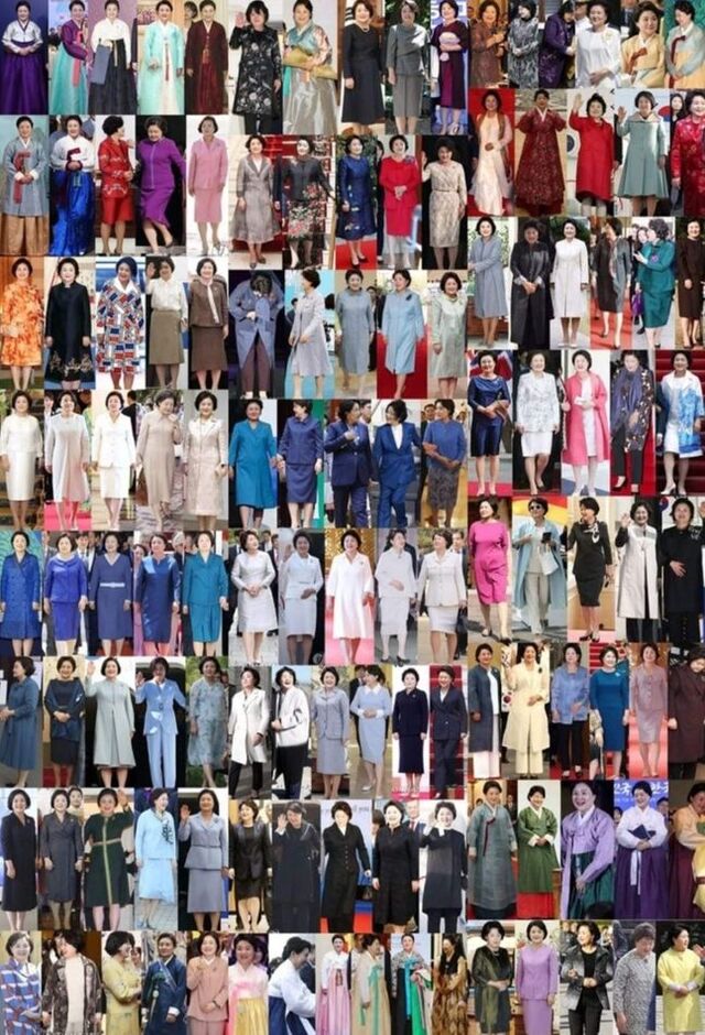 ▲ 온라인에 퍼진 김정숙 여사의 '공식석상 패션' 합성사진. 김 여사가 132가지의 다른 옷을 입고 있는 것을 볼 수 있다. ⓒ출처·작자 미상