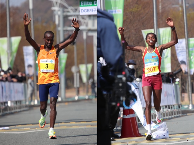 ▲ 2022대구국제마라톤대회 남자부 1위를 차지한 쉬페라 탐루 아레도(에티오피아) 선수와 여자부 1위 나즈렛 웰두 게브레히웨트(에리트리아) 선수.ⓒ대구시