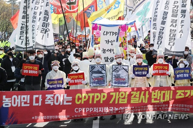 ▲ 지난 4일 서울에서 열린 포괄적·점진적 환태평양경제동반자협정(CPTPP) 가입 저지를 위한 농어민 총궐기대회에서 참가자들이 행진하고 있다.ⓒ연합뉴스