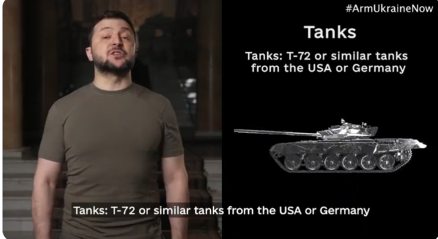 ▲ 젤렌스키 우크라이나 대통령이 소련제 탱크 T-72 공급을 요청하고 있다 ⓒ젤렌스키 트위터 캡쳐