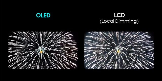 빛 번짐 현상 비교 이미지(삼성 노트북용 OLED vs. 로컬디밍 LCD). ⓒ삼성디스플레이
