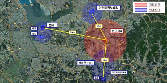 ▲ 공모사업이 추진되는 천안 제3일반산단(거점 산단), 인주일반산단과 아산테크노밸리일반산단(연계 산단), 천안‧아산 강소연구개발특구(연계 지역) 등이다.ⓒ충남도