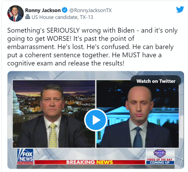 ▲ 바이든 인지능력 테스트 받으라고 하는 로니 잭슨 공화당 의원ⓒ트위터 캡처