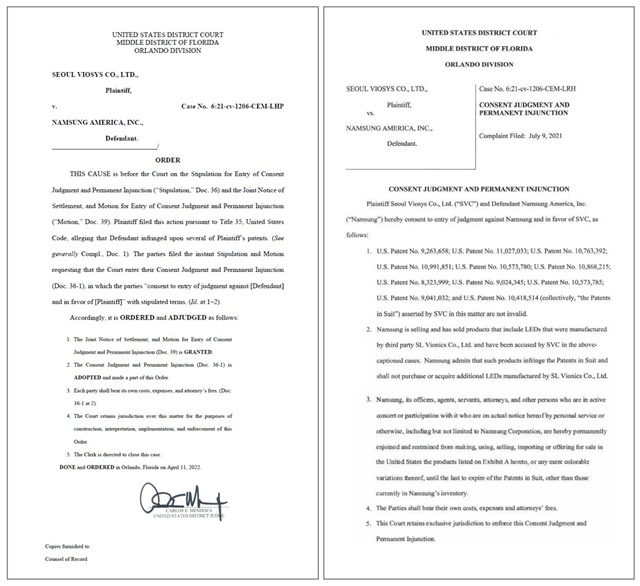 ▲ 에스엘바이오닉스의 영구판매금지 판결문. ⓒ서울바이오시스