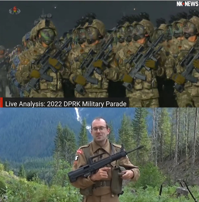 ▲ 북한군 특수부대가 25일 열병식에 들고 나온 불펍식 소총과 중국의 수출용 불펍 소총 QBZ-97. ⓒNK뉴스 유튜브 채널 캡쳐와 TFB TV 유튜브 채널 캡쳐.