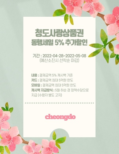 ▲ 청도군은 오는 4월 28일부터 5월 8일까지 11일간 청도사랑상품권에 대한 군민의 높은 호응과 대한민국 동행세일에 따른 범국가적 소비 진작 및 지역경제 활성화 차원에서 청도사랑상품권 동행세일 5% 추가 할인을 시행한다.ⓒ청도군