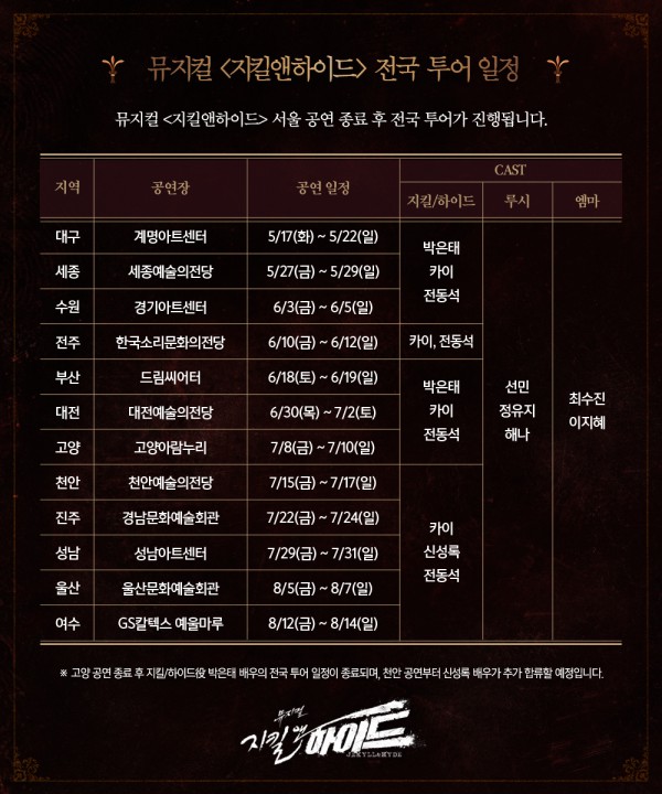 ▲ 2022 뮤지컬 '지킬앤하이드' 투어일정 안내.ⓒ오디컴퍼니