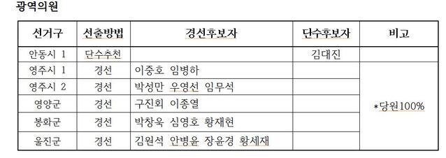 ▲ 광역의원 심사결과.ⓒ국민의힘 경북도당
