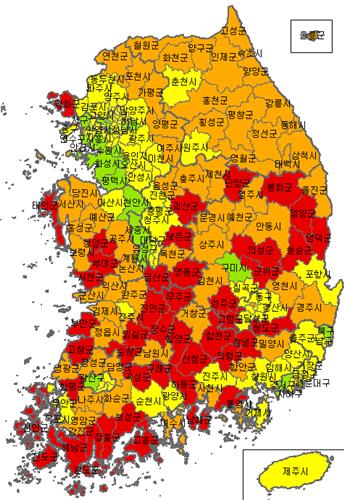▲ 지역 소멸위험 기초지자체 맵(시군구, 2022년 3월 기준).ⓒ고용정보원