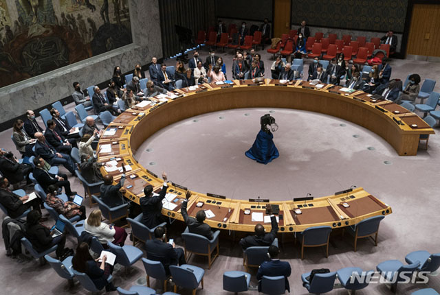 ▲ 지난 3월 23일(현지시간) 우크라이나 침략을 논의하기 위해 열린 유엔 안전보장이사회. ⓒ뉴시스 AP. 무단전재 및 재배포 금지.