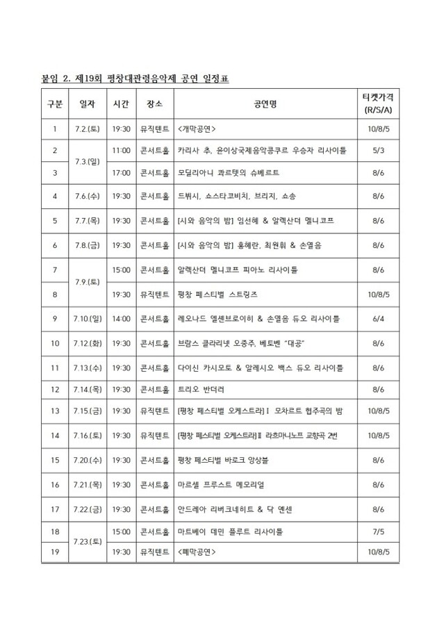 ▲ '제19회 평창대관령음악제' 공연 일정표.ⓒ강원문화재단