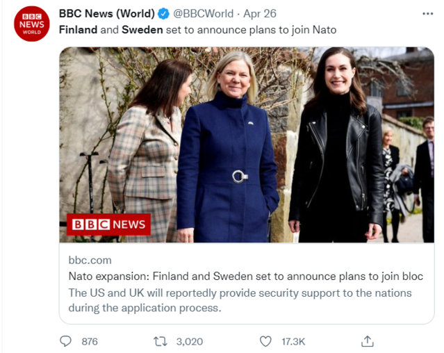 ▲ 핀란드, 스웨덴 나토가입신청ⓒ트위터 캡처