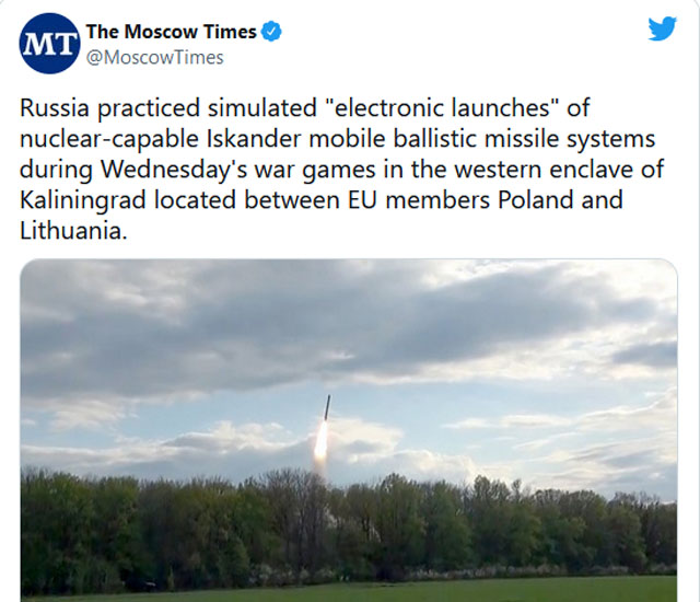 ▲ 러시아군이 칼리닌그라드에서 가상적국에 대한 핵공격 훈련을 실시했다는 모스크바 타임스 보도. ⓒ모스크바 타임스 트위터 캡쳐.