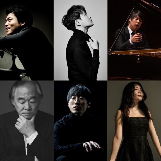 ▲ (왼쪽부터) '마포 M 소나타 시리즈' 피아니스트 김선욱·선우예권·박재홍·백건우·김도현·문지영.ⓒ마포문화재단