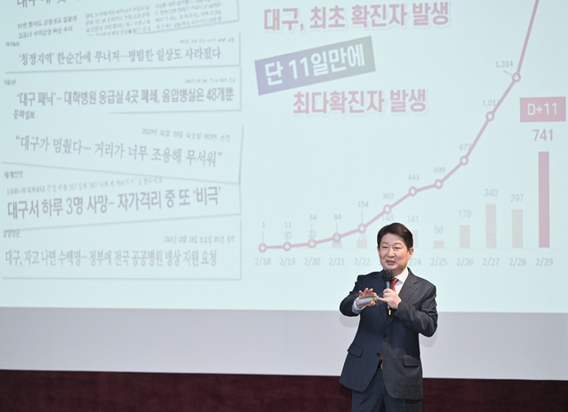 ▲ 권영진 대구시장은 이날 강연에서 코로나19 초기 대규모 지역사회 유행부터 현재까지 대구시와 교육청의 우수 정책사례를 그동안의 시정 경험을 바탕으로 설명을 이어갔다.ⓒ대구시