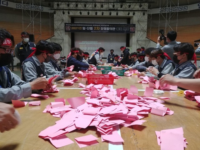 ▲ 현대중공업 노조가 12일 울산 본사에 2021년 임단협 2차 잠정합의안에 대한 조합원 찬반투표 개표를 진행하고 있다.  ⓒ현대중공업 노동조합