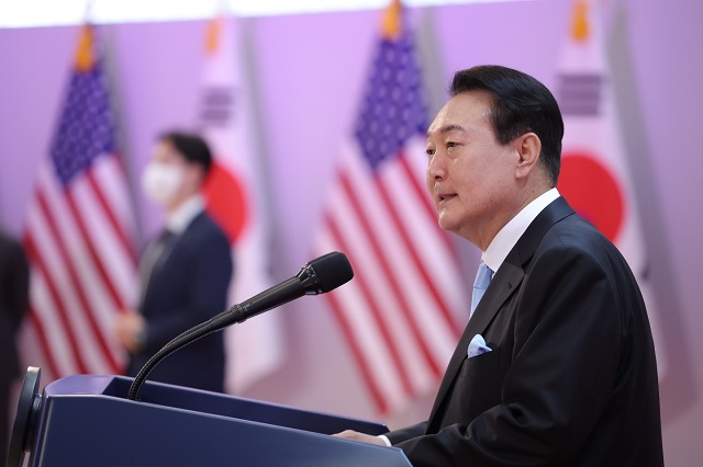 ▲ 윤석열 대통령이 지난 21일 한미 정상회담 종료 후 서울 용산 국립중앙박물관에서 열린 공식 환영만찬에서 발언하고 있다.ⓒ대통령실 국민소통관실