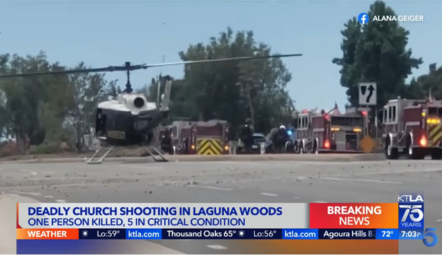 ▲ 캘리포니아주 라구나우즈 실버타운 교회 총기난사 사건 당시 지역방송 'KTLA 5'의 현장중계 모습. ⓒKTLA 5 유튜브 채널 캡쳐.