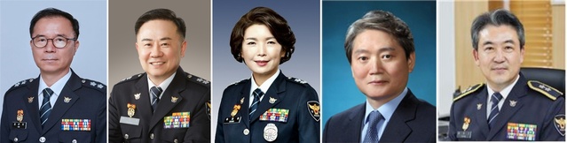 ▲ 24일 치안정감으로 승진 내정 된 김광호(왼쪽부터) 울산경찰청장, 박지영 전남경찰청장, 송정애 경찰청 경무인사기획관, 우철문 국가수사본부 수사기획조정관, 윤희근 경찰청 경비국장. ⓒ뉴시스(사진=경찰청 제공)
