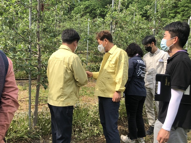 ▲ 홍석표 봉화부군수가 지난 25일 석포면 석포리 일원 우박피해 현장을 방문해 상황을 점검하고 있다.ⓒ봉화군