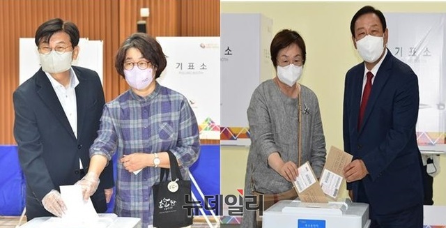 ▲ 더불어민주당 이춘희 세종시장 후보(왼쪽)와 국민의힘 최민호 후보가 부인과 함께 6·1 지방선거 사전투표 첫날인 27일 오전 반곡동과 아름동복합커뮤니센터에 마련된 투표소에서 소중한 한표를 행사하고 있다.ⓒ이길표 기자