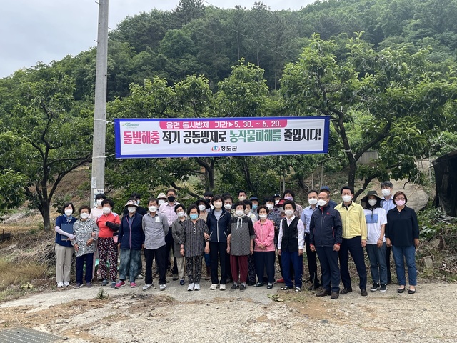 ▲ 청도군은 돌발·외래 해충(미국선녀벌레, 갈색날개매미충 등)의 확산방지를 위하여 지난 30일 화양읍 다로리 일원에서 협업공동방제 연시회를 가졌다.ⓒ청도군