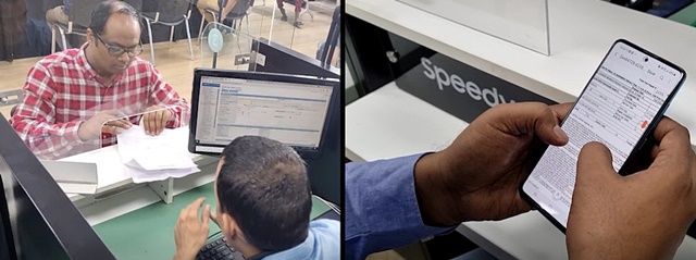 ▲ 삼성전자 인도 서비스센터에서 고객이 서비스 내역을 이전에 종이문서로 받던 대신(왼쪽) 현재 스마트폰에서 전자문서로 편리하게 확인하는 모습(오른쪽). ⓒ삼성전자