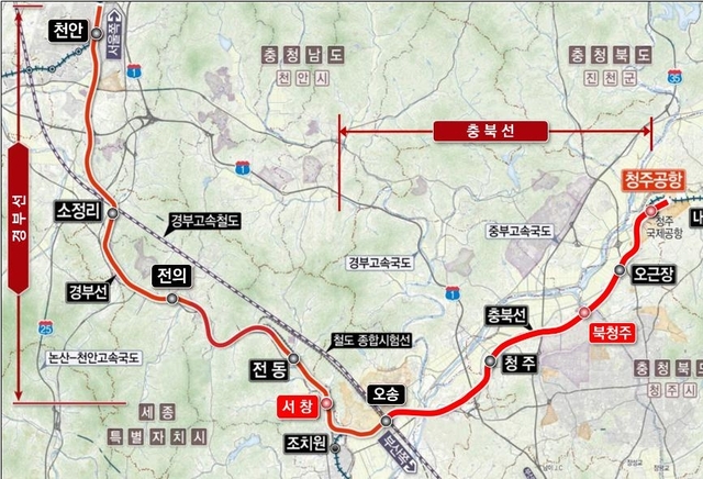 ▲ 천안~청주공항 복선전철 노선도.ⓒ충북도