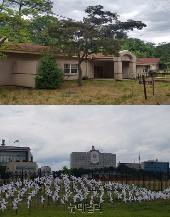 ▲ 용산공원 내에 위치한 장군숙소(위쪽)와 공원 전망대에서 바라 본 대통령 집무실ⓒ박정환 기자