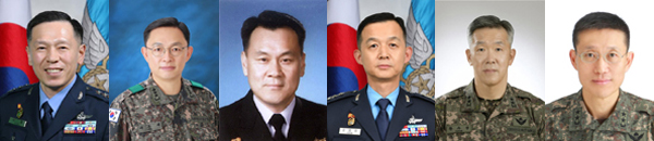 ▲ 국방부는 지난 8일 군 주요 보직자를 교체했다. 왼쪽부터 합참차장을 맡은 박웅 공군중장, 육군참모차장 여운태 중장, 해군참모차장 김명수 중장, 공군참모차장 윤병호 중장, 군사안보지원사령관 황유성 육군 중장, 수도방위사령관 김규하 육군 중장이다. ⓒ국방부 제공.