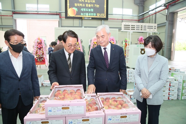 ▲ 김하수 청도군수 당선인(왼쪽 두번째)이 새청도농협공판장을 찾아 현장을 둘러보고 있다.ⓒ청도군