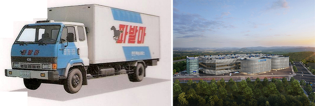 ▲ 한진택배 사업초기 택배차량(왼쪽)과 대전 스마트 메가 허브 터미널. ⓒ한진
