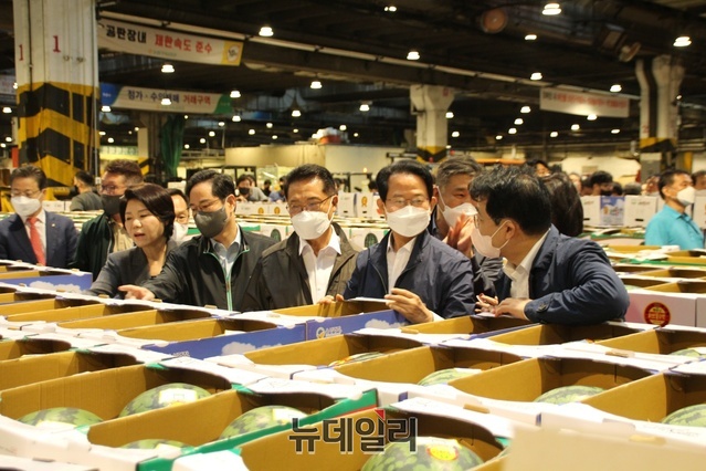 ▲ 국민의힘 물가및민생안정특별위원회가 서울 송파구 가락 농수산물시장을 방문해 현장을 검토하고 있다.ⓒ류성걸 의원실 제공