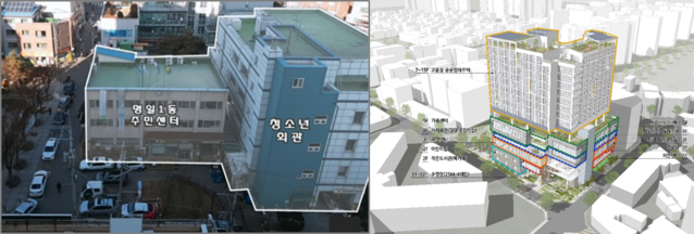 ▲ (좌) 현 서울 강동구 명일1동주민센터 및 강동청소년회관 (우) 오는 2025년 입주 예정인 강동행정문화복합타운 조감도. ⓒ서울시 제공