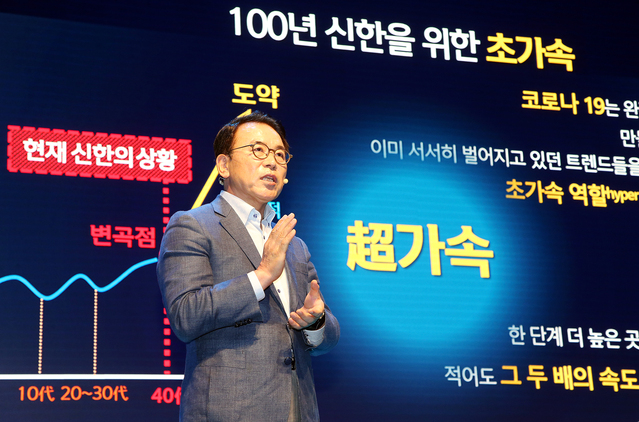 ▲ 조용병 신한금융지주 회장이 7일 서울 중구 신한금융 본사에서 그룹의 발전 방향을 발표하고 있다. ⓒ신한금융지주 제공