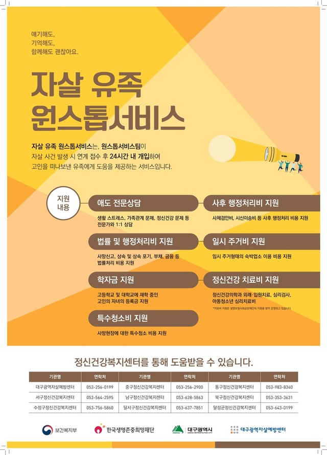 ▲ 대구시는 다방면의 어려움을 겪는 자살 유족을 초기부터 사후관리까지 효과적으로 지원해 유족의 트라우마 예방과 건강한 일상생활 복귀를 돕는 ‘자살유족 원스톱서비스 지원사업’을 7월부터 시행한다.ⓒ대구시