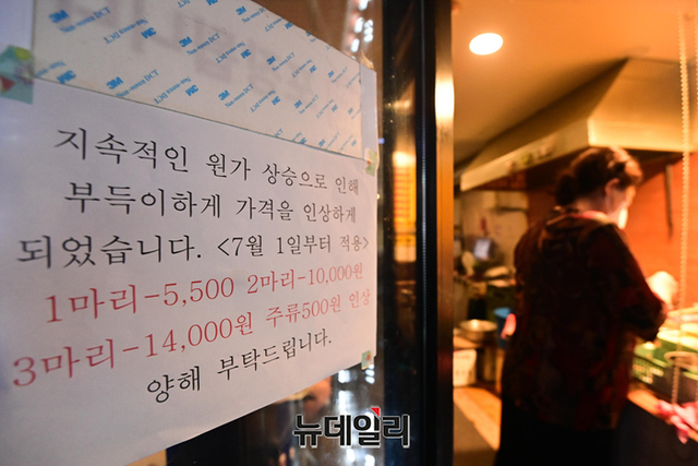▲ 서울 성북구의 한 전통시장에 가격인상을 알리는 안내문이 붙어 있다.ⓒ뉴데일리DB