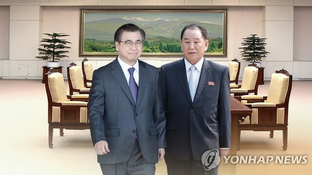 ▲ 서훈(왼쪽) 전 국정원장과 김영철 북한 국무위원장 ⓒ연합뉴스